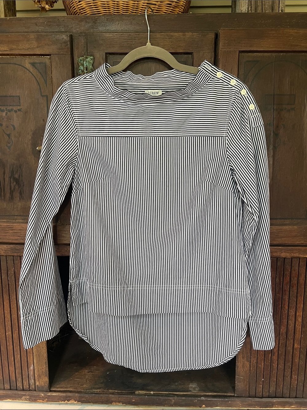 J. Crew Navy and White Striped Button-Shoulder Blouse